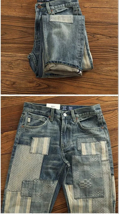 Autumn and Spring New Fashion Trend Printed Ripped Straight Leg Jeans Men's Casual Loose Vintage Sports High-grade Denim Pants