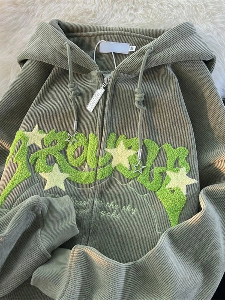 Fashion Embroidery Zip Up Hoodies Women Autumn Long Sleeve Tops Loose Hood Shirt Harajuku Y2K Clothes Female Sweatshirt Jacket
