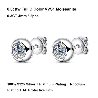 Real 0.3/0.5 Carat Round Moissanite Diamond Stud Earrings for Women S925 Sterling Silver Earring Wedding Party Fine Jewelry