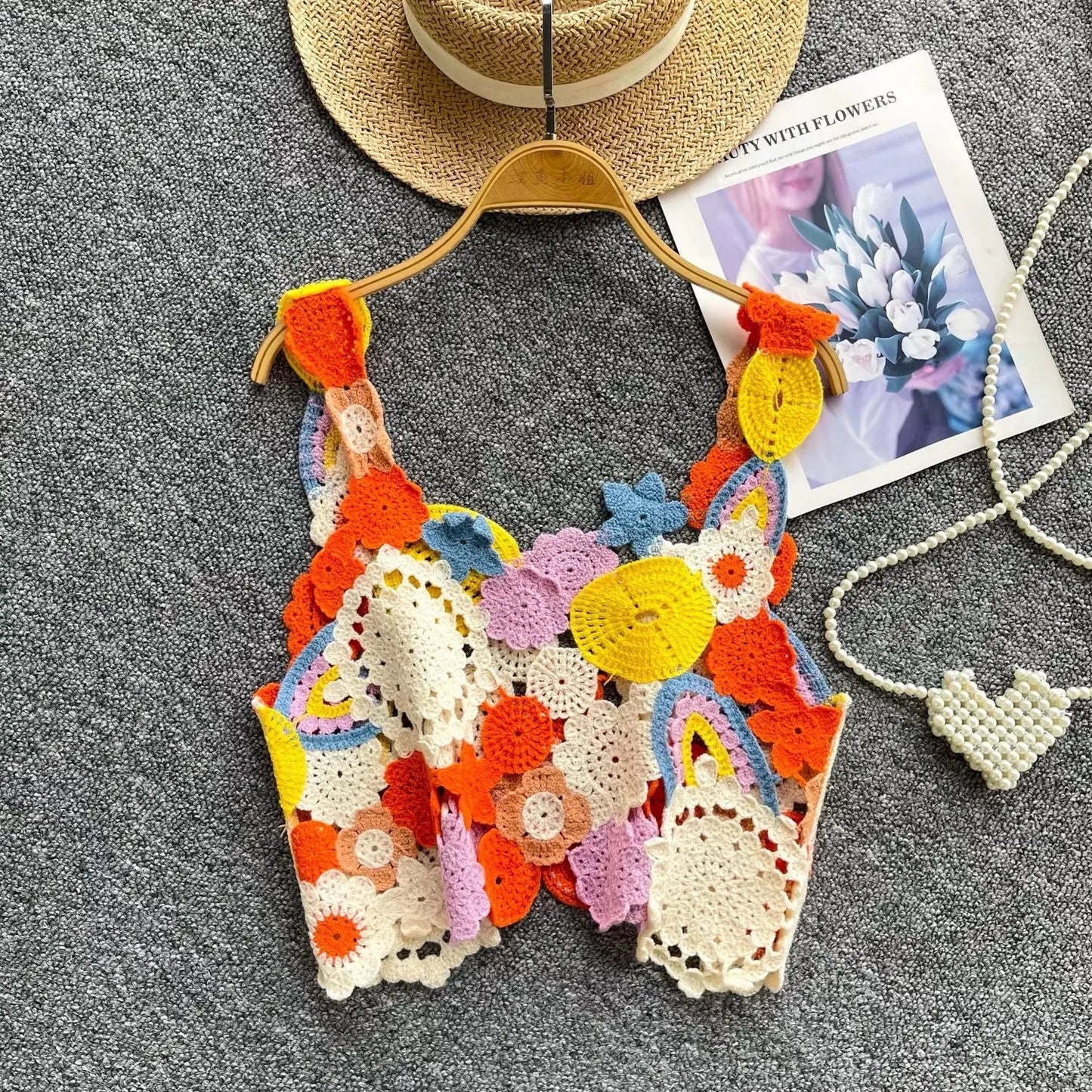 Multicolor Floral Crochet Crop Top Women's Cami Tank Sleeveless Open-work Vest Boho Chic Summer Festival Outfit