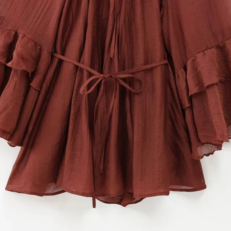 Woman 2025 Dress Ruffle Long Sleeve Mini Dress Summer Tie Fairy Short Dresses For Women Pleated Elegant Party Dresses 088
