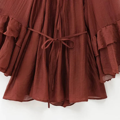 Woman 2025 Dress Ruffle Long Sleeve Mini Dress Summer Tie Fairy Short Dresses For Women Pleated Elegant Party Dresses 088