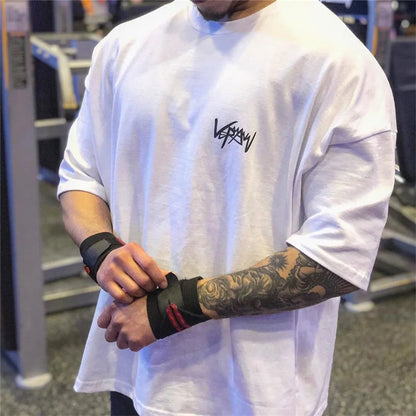 NEW Round Collar  sports T Shirt Oversize Cotton Summer Tee Training running shirt Man Streetwear Half Sleeve men T-shirt
