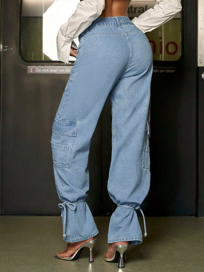 Y2K Trendy Women Cargo Jeans Street Flap Pockets Side Knot Hem Baggy