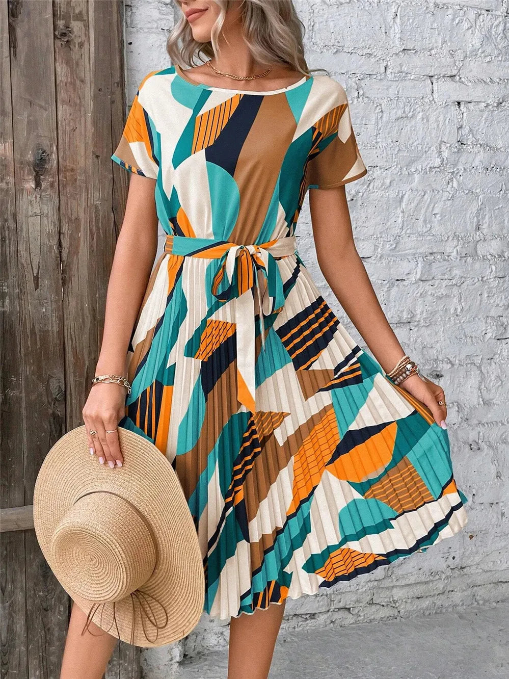 Elegant Print Lace-up Dress Summer Women Round Neck Pleated Medium Long Dress