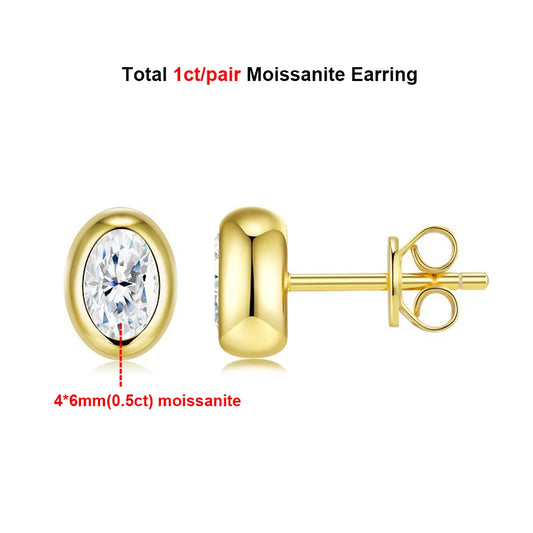 18K Gold Plated 0.5/1c Moissanite Stud Earring for Women Bezel Set Oval Cut Lab Grown Diamond S925 Silver Jewelry With Certified
