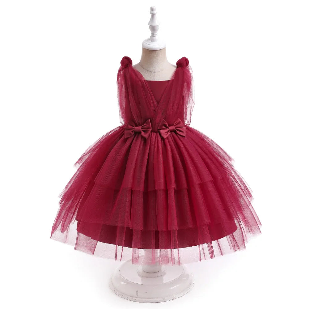 Summer Bow Bridemaid Party Girls Dresses Elegant Tulle Birthday Wedding Princess Dress for Girl New Years Prom Christmas Costume