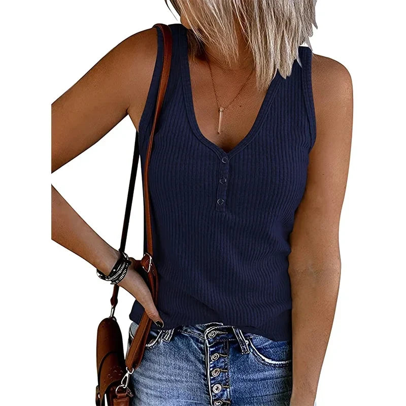 9 Colour Casual Chic Ribbed Tank Top - Everyday Sleeveless V-Neck Slight Stretch Durable Easy Care All-Season Essential