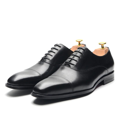 Classic Cowhide Genuine Leather Mens Dress Shoes Black Brown Cap Toe Lace-Up Oxford Company Business Office Formal Shoes for Men