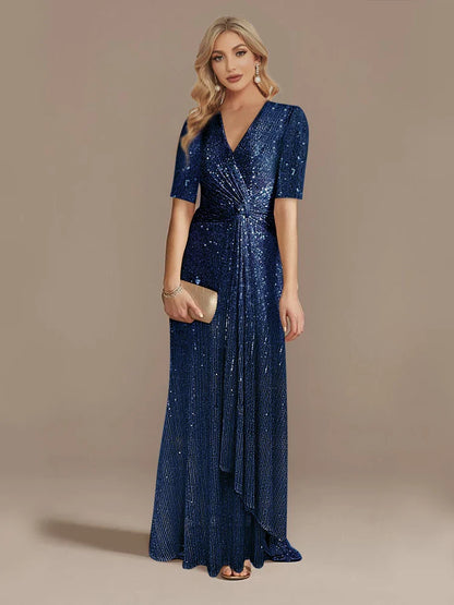 Luxury Blue Floor Length V-Neck Evening Dresses Women Elegant Wedding Party Maxi Sequins Short Sleeves Prom Cocktail Gowns