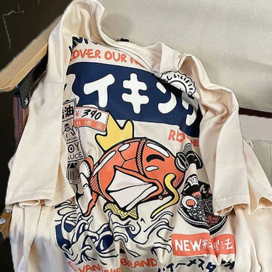 Summer New Japanese Anime Carp Men's T Shirts Y2k Clothes Oversized Cotton Women's Short Sleeve Graphic Tee Couple Tops Harajuku