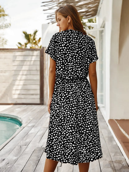 Vintage Floral Print Dress Women Boho Short Sleeve Long Dress Turn Down Collar Casual Waistband Shirt Dresses Robe 2021 Summer