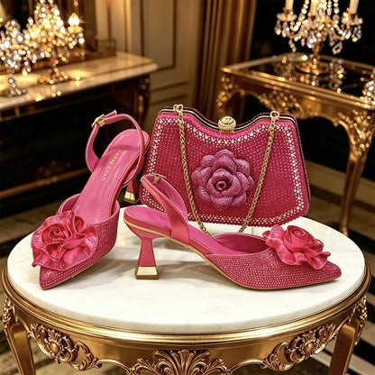 Luxury Green 3D Rose Rhinestone Shoes And Bag Set Women Pointed Toe Slingback High Heels Matching Clutch For Wedding Party