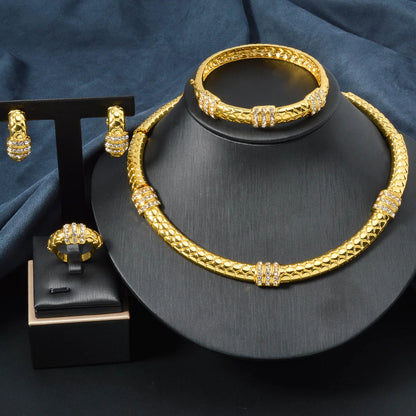 Luxury 18k Gold-Plated Women's Jewelry 4-Piece Round Necklace Bracelet Earrings Ring Gold Classic Dubai Wedding Gift