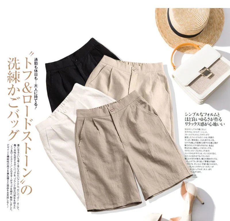 Khaki Solid Casual Linen Cotton Elastic High Waist Wide Leg Button Loose Women's Shorts Korean Fashion Summer Shorts Women 2024