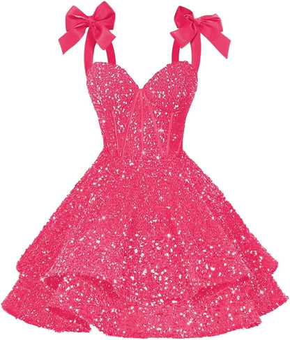 Sparkly Sequin Bows Homecoming Dresses 2026 Short Spaghetti Straps Tiered Satin Sweet Prom Cocktail Dress Graduation Dress
