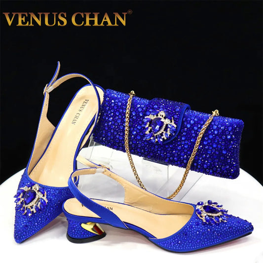 Royal Blue Sandals for Women 2024 Luxury Wedding Pumps Med Heels Rhinestone Design Party Shoes and Bags Set
