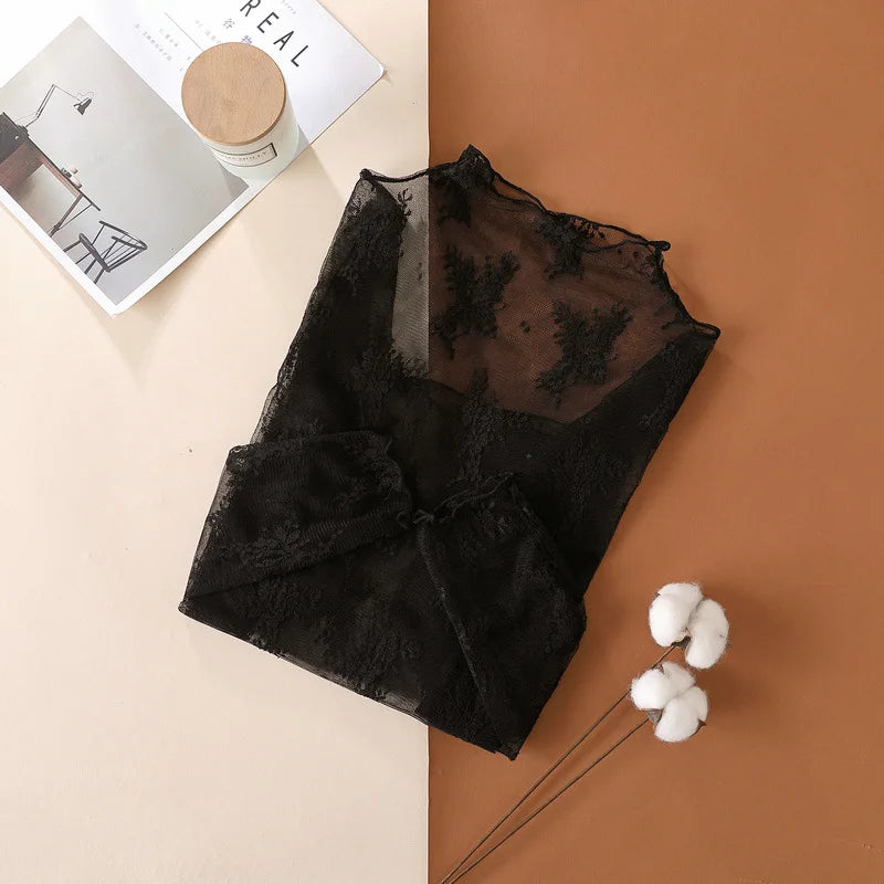 Elegant Sexy Women's Mesh T-Shirts Long Sleeve Lace See Through Blouse Versatile Bottoming Shirt Girls Sheer Tees Body Crop Top