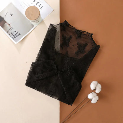 Elegant Sexy Women's Mesh T-Shirts Long Sleeve Lace See Through Blouse Versatile Bottoming Shirt Girls Sheer Tees Body Crop Top
