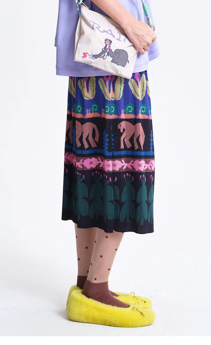 A-line Skirt 2026 Spring New Elastic Waist Colorful Floral Print Pleated Commuter Retro Style Skirt For Women 3ELC20607