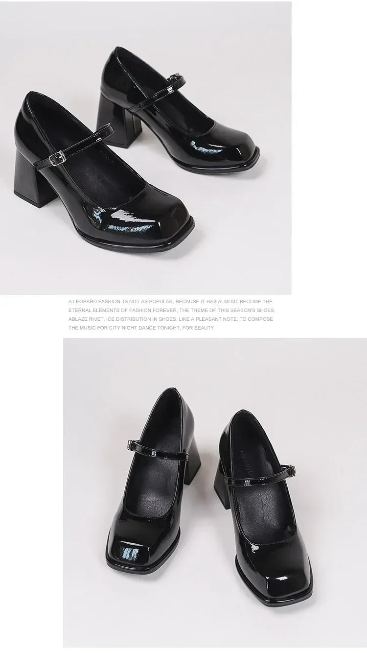 Ladies Summer Black New Small Leather Shoes Mary Janes Vintage Buckle Non-Slip Sandals Woman Medium Heels Casual Elegant Heels