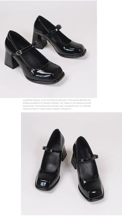 Ladies Summer Black New Small Leather Shoes Mary Janes Vintage Buckle Non-Slip Sandals Woman Medium Heels Casual Elegant Heels