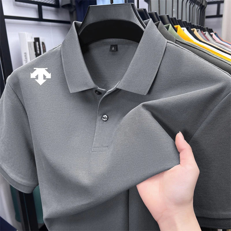 100% men's summer luxury brand polo shirt lapel geometric printing short sleeves t-shirt outdoor leisure men clothing tops