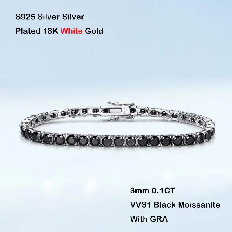 GRA Certified 3/4/5mm Full Black Moissanite Tennis Bracelet for Women Men 925 Silver Plated 18K Rose Gold Link Bracelets