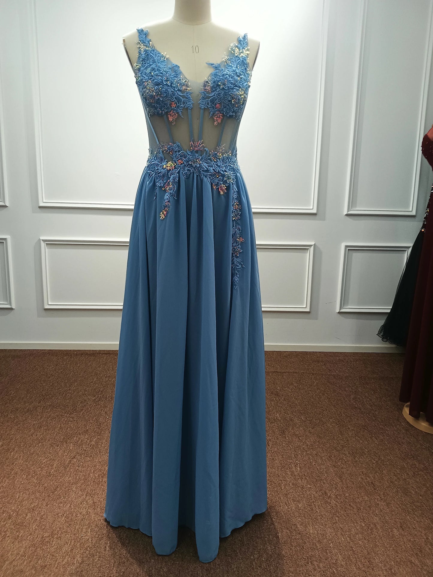 Real Photos Delicate Multi Color Prom Dress V Neck Beaded Appliques Illusion Spaghetti Strap Evening Gowns Lightning Delivery