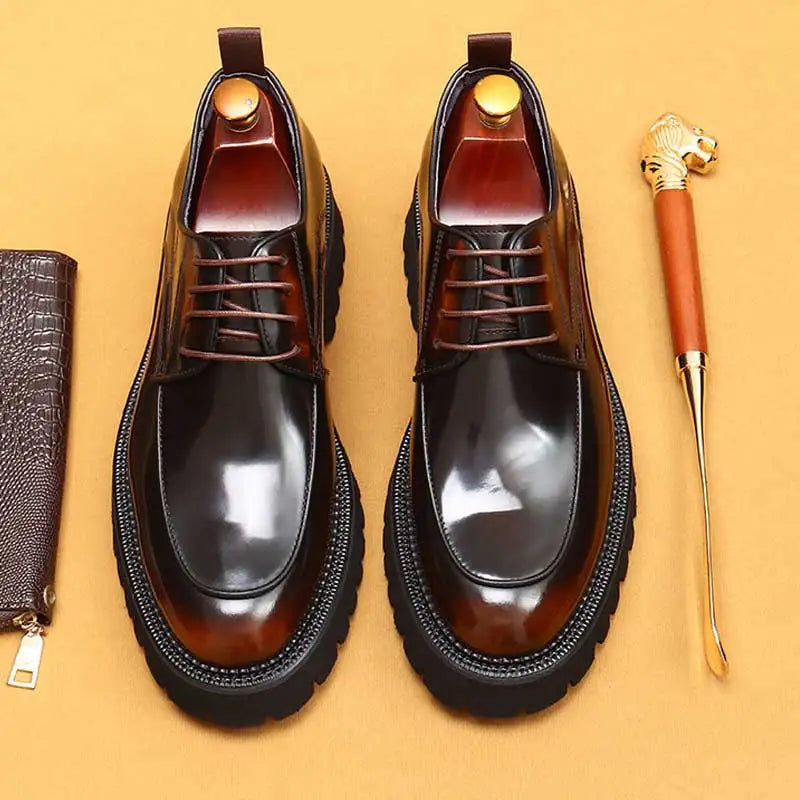 sapatos sociais masculinos de couro com sola grossa bico redondo de couro brilhante sapatos sociais de negócios de couro de vaca encerado com cadarço estilo britânico