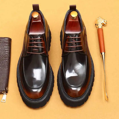 sapatos sociais masculinos de couro com sola grossa bico redondo de couro brilhante sapatos sociais de negócios de couro de vaca encerado com cadarço estilo britânico