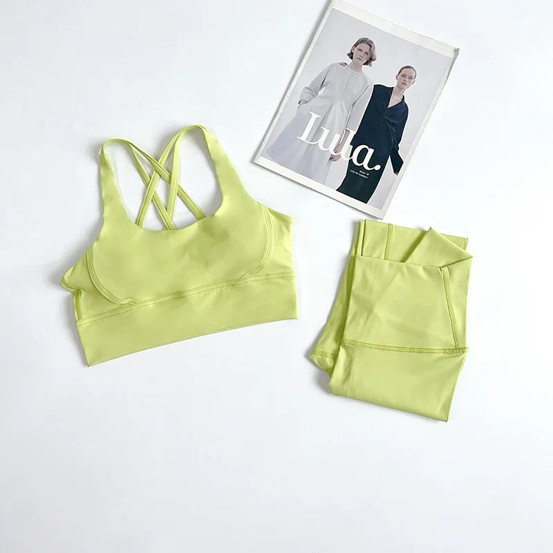 2 Pieces Yoga Set Women Gym Set Workout Clothes Sports Suits High Waist Leggings Cross Straps Fitness Bra Top Running Tracksuit