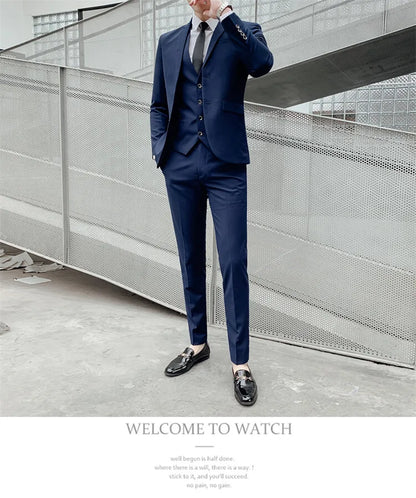 Solid Color Suit Men's Fashionable Gentleman Business Banquet Korean-style Formal Dress Casual Wedding (Blazer+Vest+Trousers)