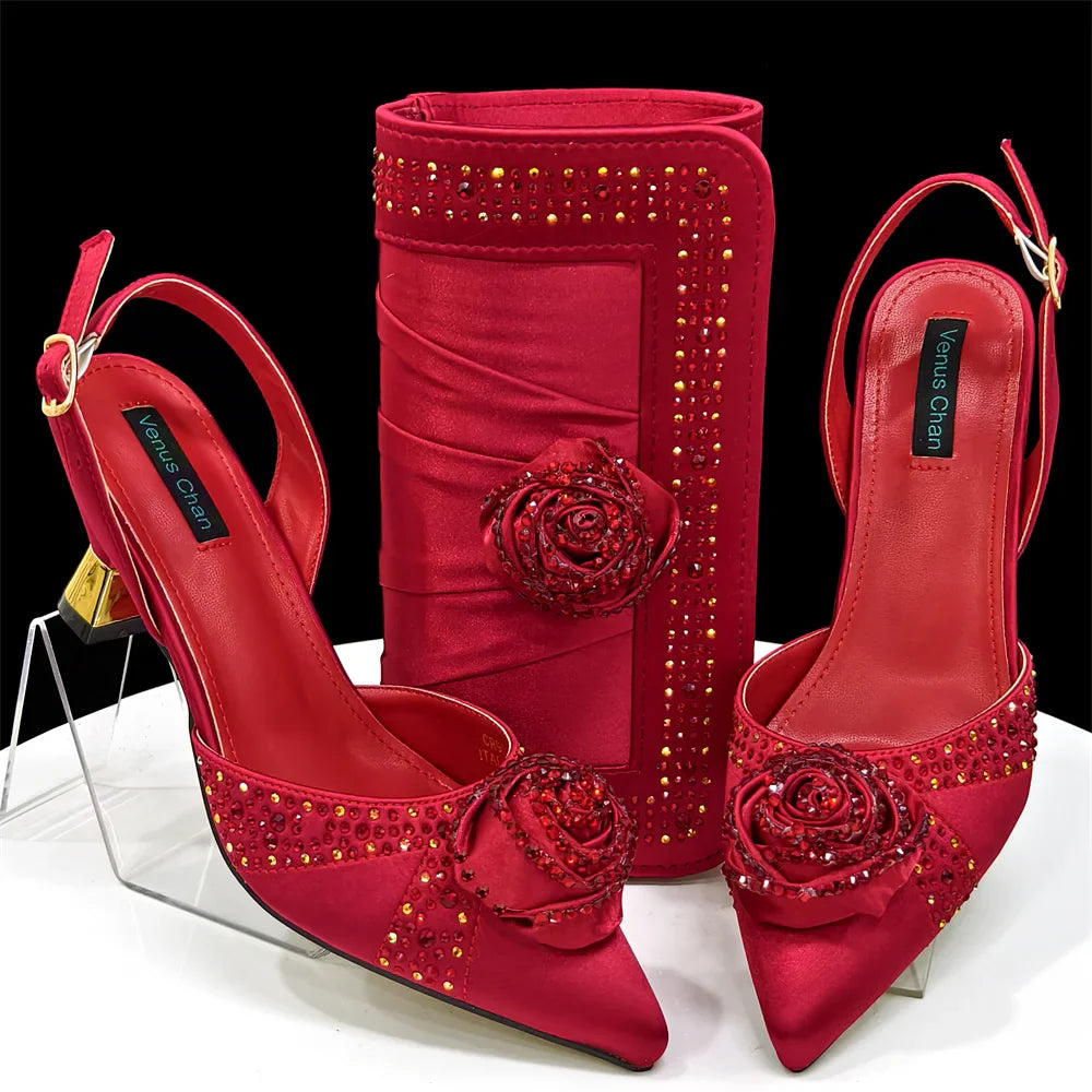Sparkling Rhinestone Rose Pumps With Medium Heel for Nigerian Women's Party, Pointed Toe Shoes and Matching Bags