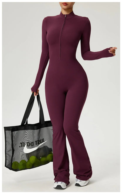 Zipper Jumpsuit Flared Pants Women Clothing Sportswear Gym Yoga Sport Sets Spandex Nylon Workout Sets Women Tracksuit