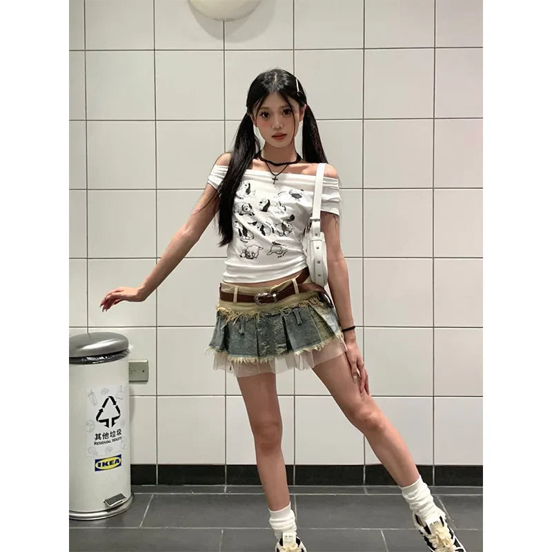Summer Women Japanese Y2k Kpop 2000s Aesthetic Mini Denim Patchwork Skirt Chic Shoujo Design Party Gyaru Coquette Korean Fashion