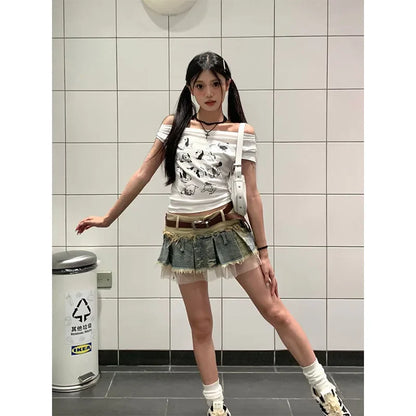 Summer Women Japanese Y2k Kpop 2000s Aesthetic Mini Denim Patchwork Skirt Chic Shoujo Design Party Gyaru Coquette Korean Fashion