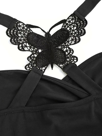 New European and American women's pleated suspenders butterfly lace cross vest in spring and summer of 2024