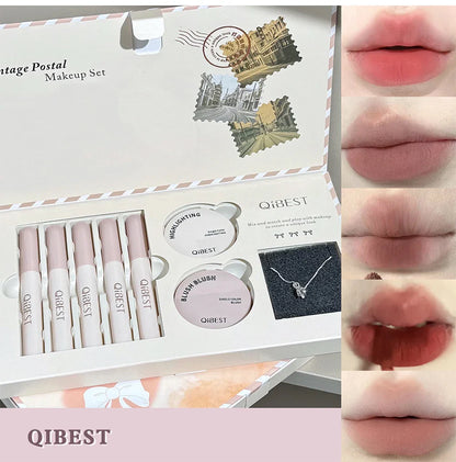 Retro Mail Makeup Set 5pc Matte Lip Mud,1 Blush,1 Highlight And 1 Necklace Gift Multipurpose Cosmetics Kits For Women