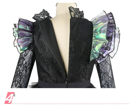 Halloween Witch Elphaba Costume Kids Purim Fantasy Outfits Girls Fancy Sets Children Long Sleeve Lace Ruffles Black Party Gown