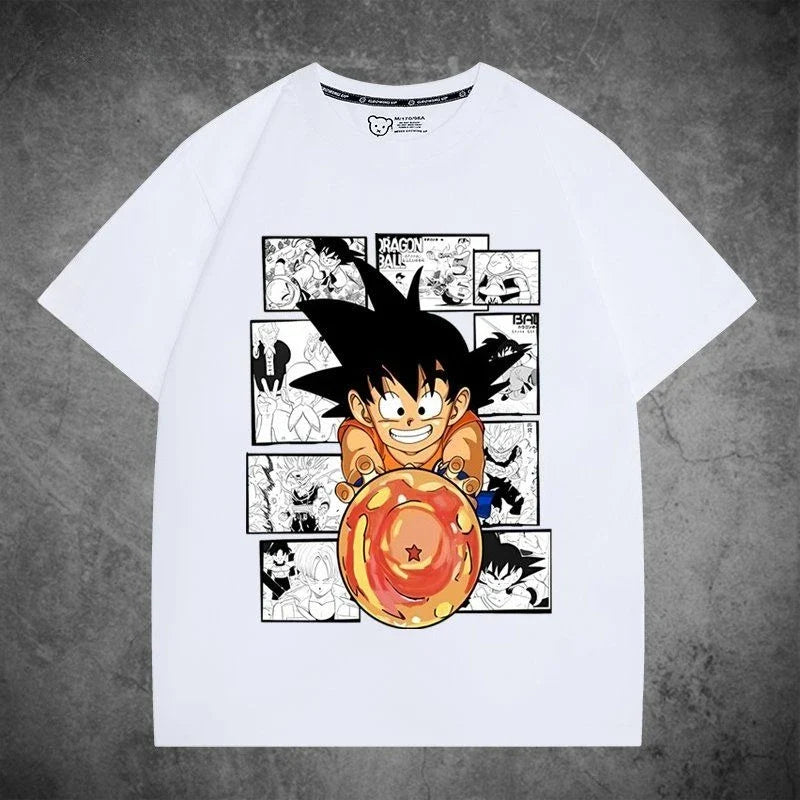 2026 Summer Dragon Ball Oversized T-shirt High Quality  Cotton Goku Manga Panel Print Unisex Retro Casual Tee for Adults Kids