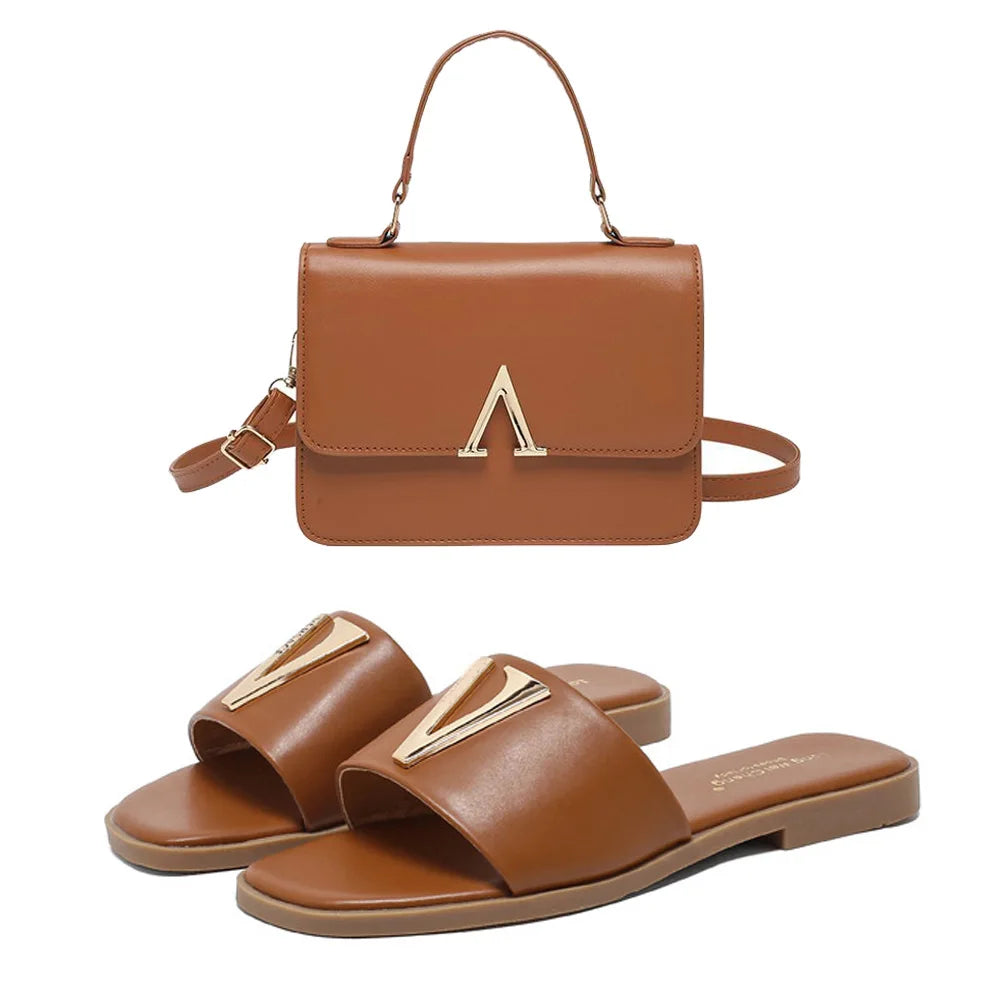 High Quality PU Purses And Sandals Sets Flat Shoes And Bag Set Matching Handbags For Women Slippers Flip Flops Women Shoes