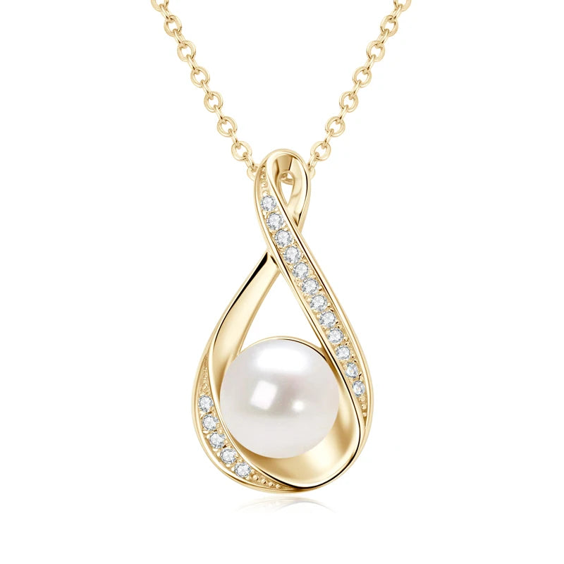 Moissanite Natural Freshwater Pearl Infinity Pendant Necklace & Earrings Sets for Women 925 Sterling Silver Wedding Jewelry Set