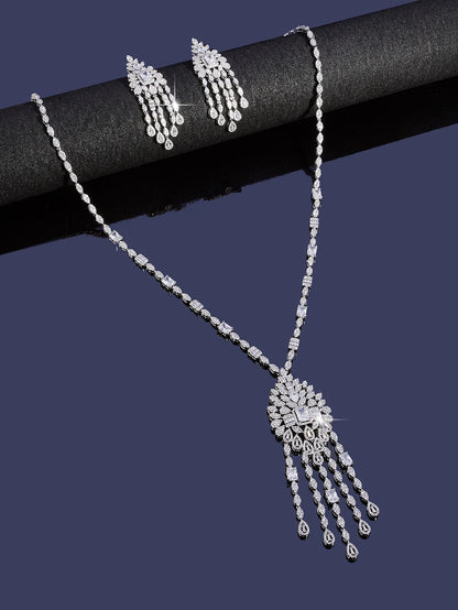 Long Sweater Chain Tassel Necklace Earring Set for Women Luxury Cubic Zirconia Bridal Jewelry Set Wedding Accessorie