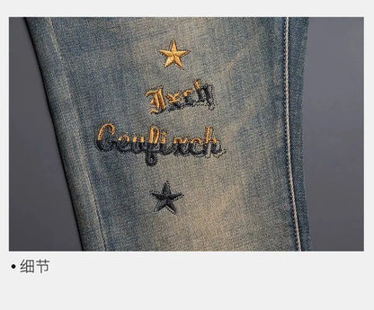 New Spring/Autumn Fashion Trendy Printed American Retro Straight Leg Jeans Men's Casual Sports High Quality Stretch Denim Pants