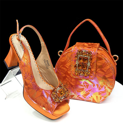 Elegant Women Heels for Peep Toe Good Material Design Rhinestone Fuchsia Sandals Italian Shoes and Bags Matching Set 2025