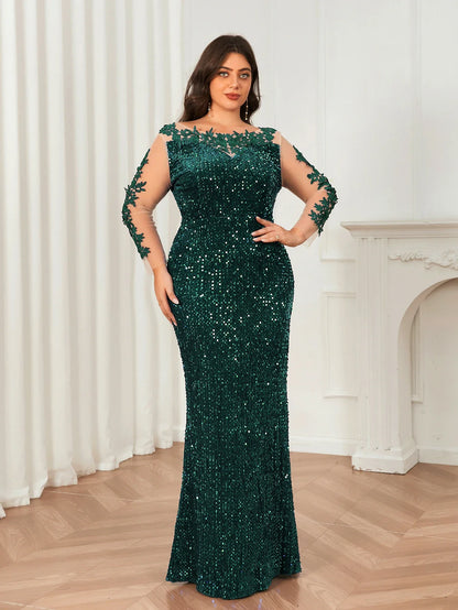 O Neck Curve Long Sequined Velvet Lace Evening Dress Prom Gown Floor Length Backless Maxi Dresses