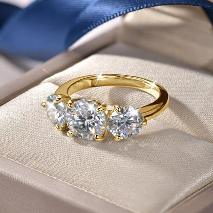 Round 8mm&6.5mm Moissanite Engagement Ring for Women 14K Gold Filled Three Stone Wedding Ring Sparkling Jewelry Gift