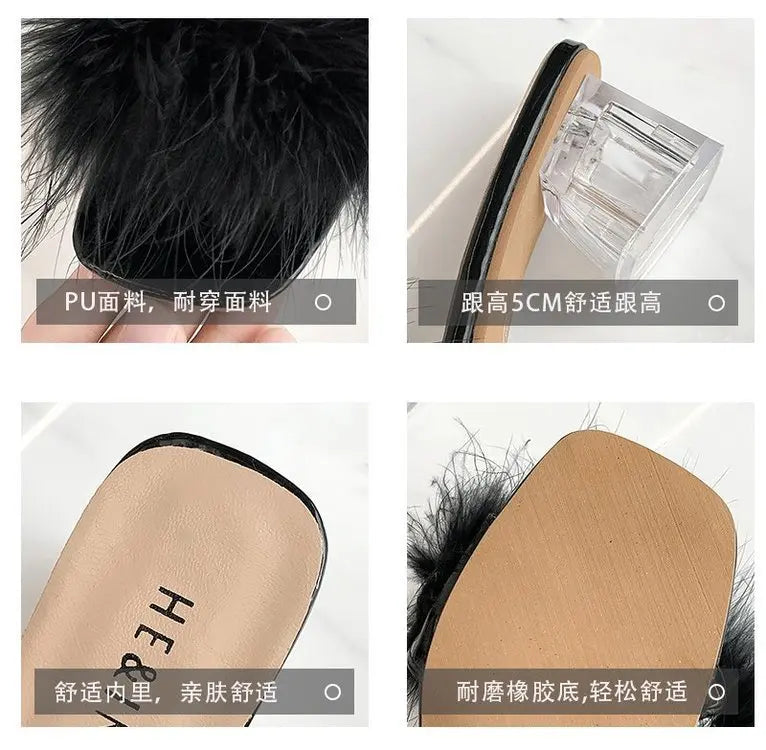 2023 Fluffy Peep Toe Sexy High Heels Women Shoes Fur Feather Lady Fashion Wedding Slip-On Pink Square Toe Women Sandals
