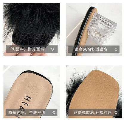 2023 Fluffy Peep Toe Sexy High Heels Women Shoes Fur Feather Lady Fashion Wedding Slip-On Pink Square Toe Women Sandals